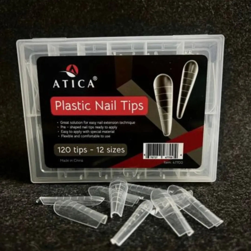 ATICA Plastic Nail Tips – 120 pcs · Modern almond-shaped nail extension forms for PolyGel or sculpting gel application.
