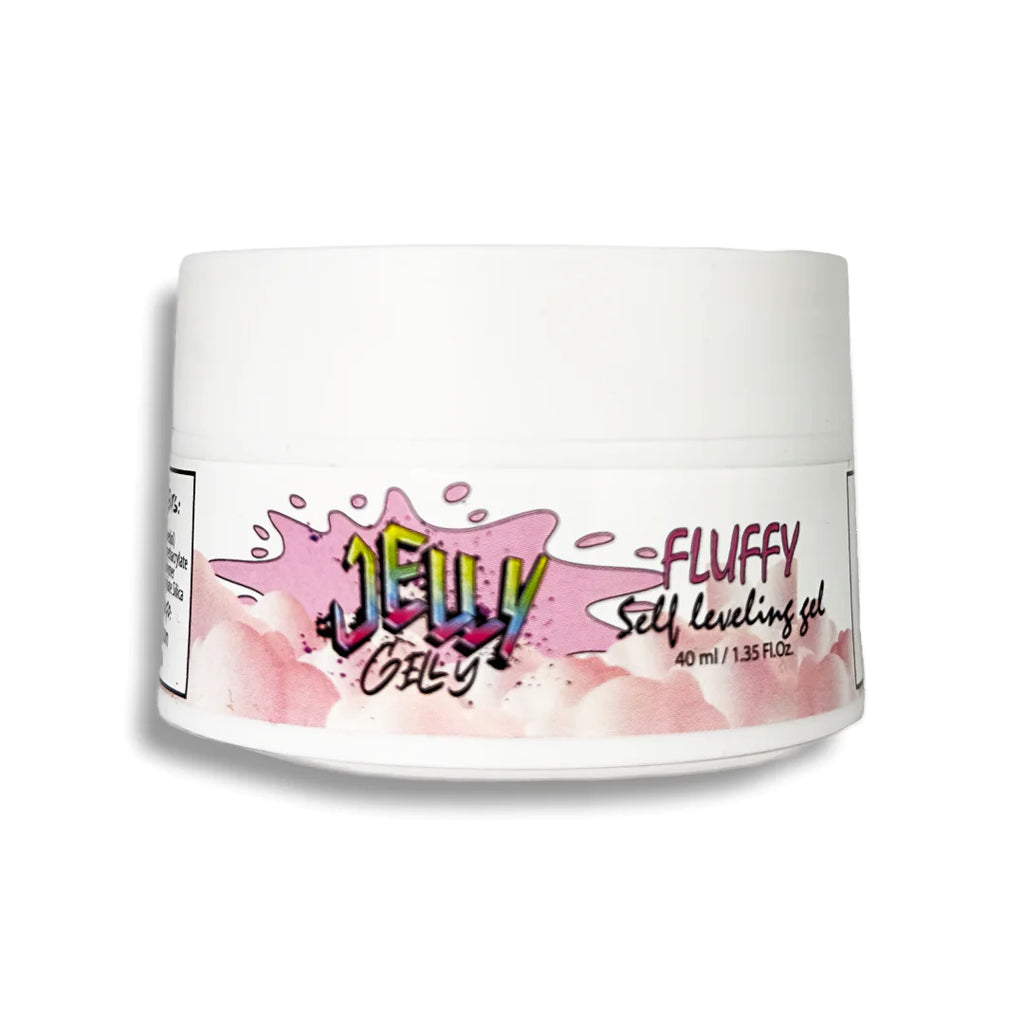 Jelly Gelly Self-Leveling Gel Fluffy Powder Puff 40ml bottle. A viscous, powder puff colored gel for nail sculpting, extensions, and strengthening.