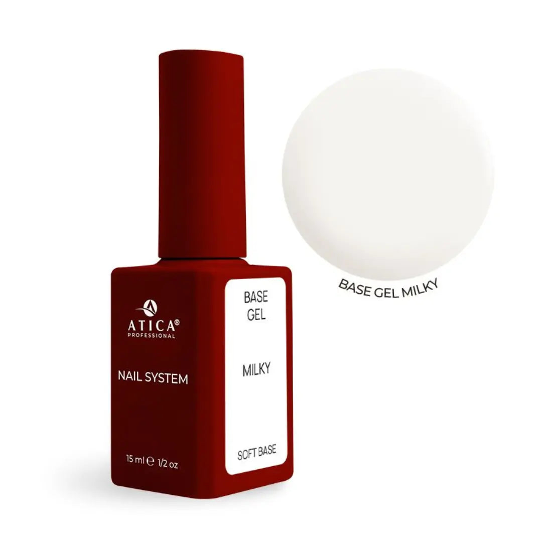 Atica Soft Base Coat Milky 15ml bottle, milky white rubber base for milk bath nails