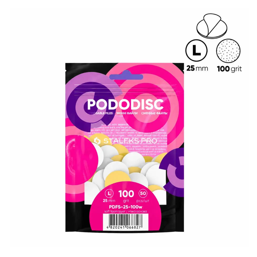 Staleks Expert 25 Pododisc L adhesive pedicure files on soft foam layer, 100 grit, 50-piece pack, single-use white abrasive files