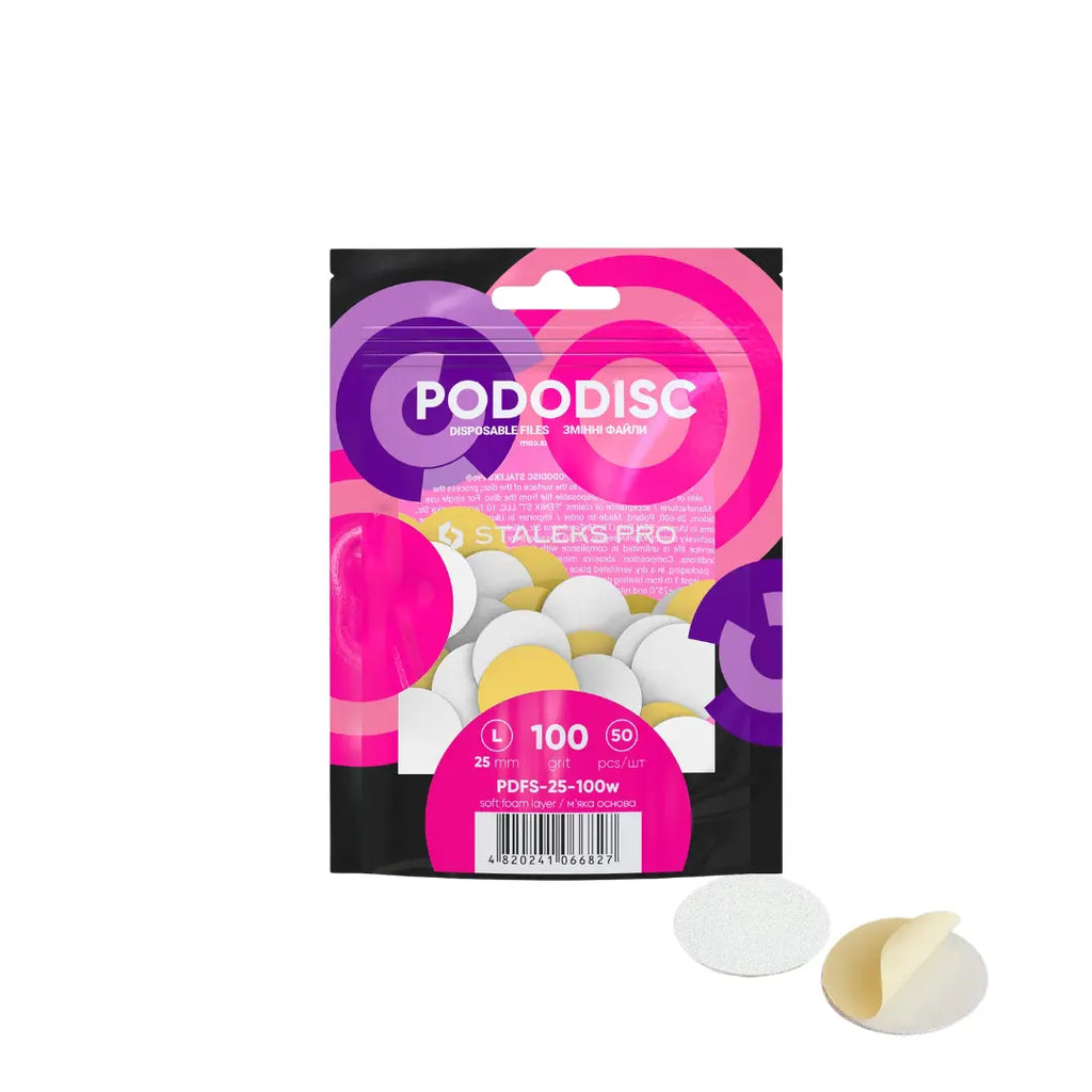 Staleks Expert 25 Pododisc L adhesive pedicure files on soft foam layer, 100 grit, 50-piece pack, single-use white abrasive files