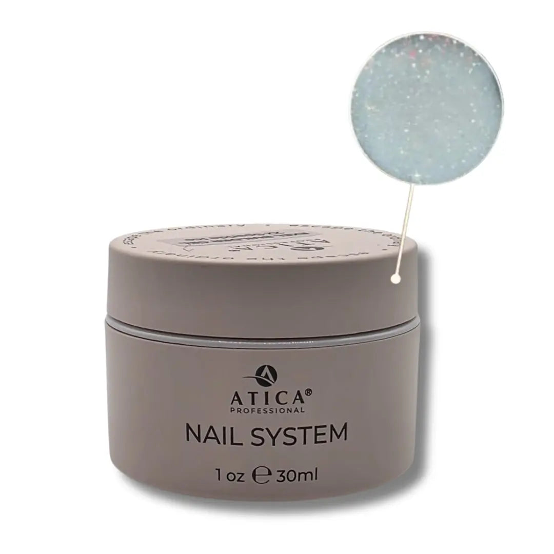 Atica Professional nail system jar with a small nail sample on a white background