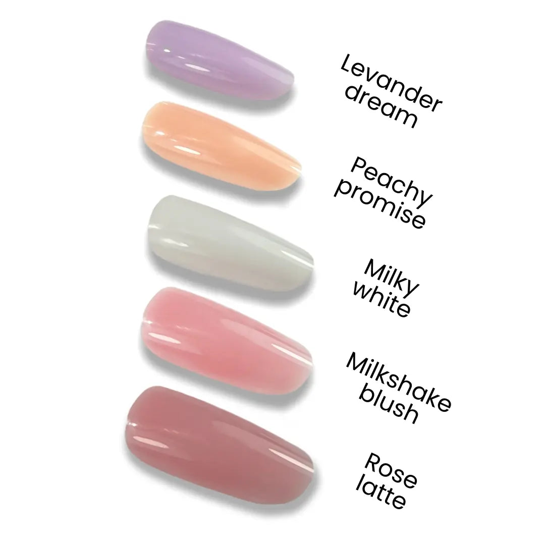 bottle gel color swatches labeled 'Levander dream', 'Peachy promise', 'Milky white', 'Milkshake blush', and 'Rose latte' on a white background.