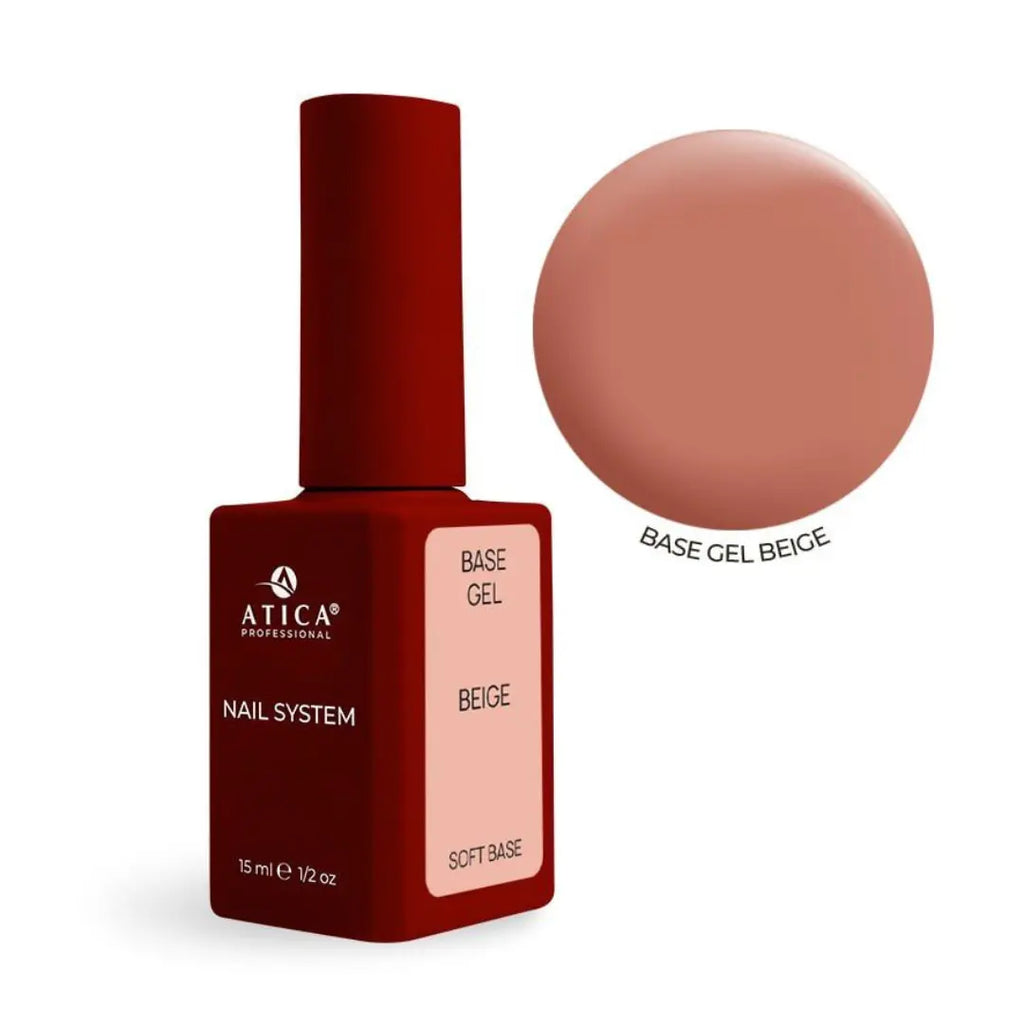 Atica Soft Base Coat Beige 15ml bottle, professional nude tinted rubber base for french manicure