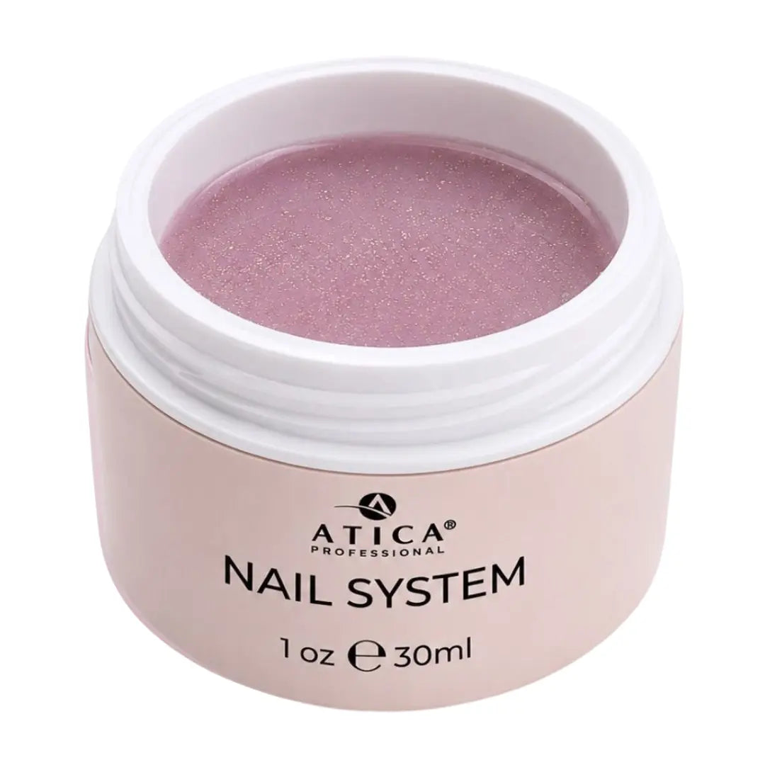 ATICA Builder Gel 34 Sparkle Stars 30ml, dusty pink mauve builder gel with fine stardust shimmer