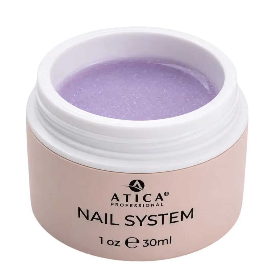 ATICA Builder Gel 35 Glow Baby 30ml, pastel lavender builder gel with delicate inner shimmer