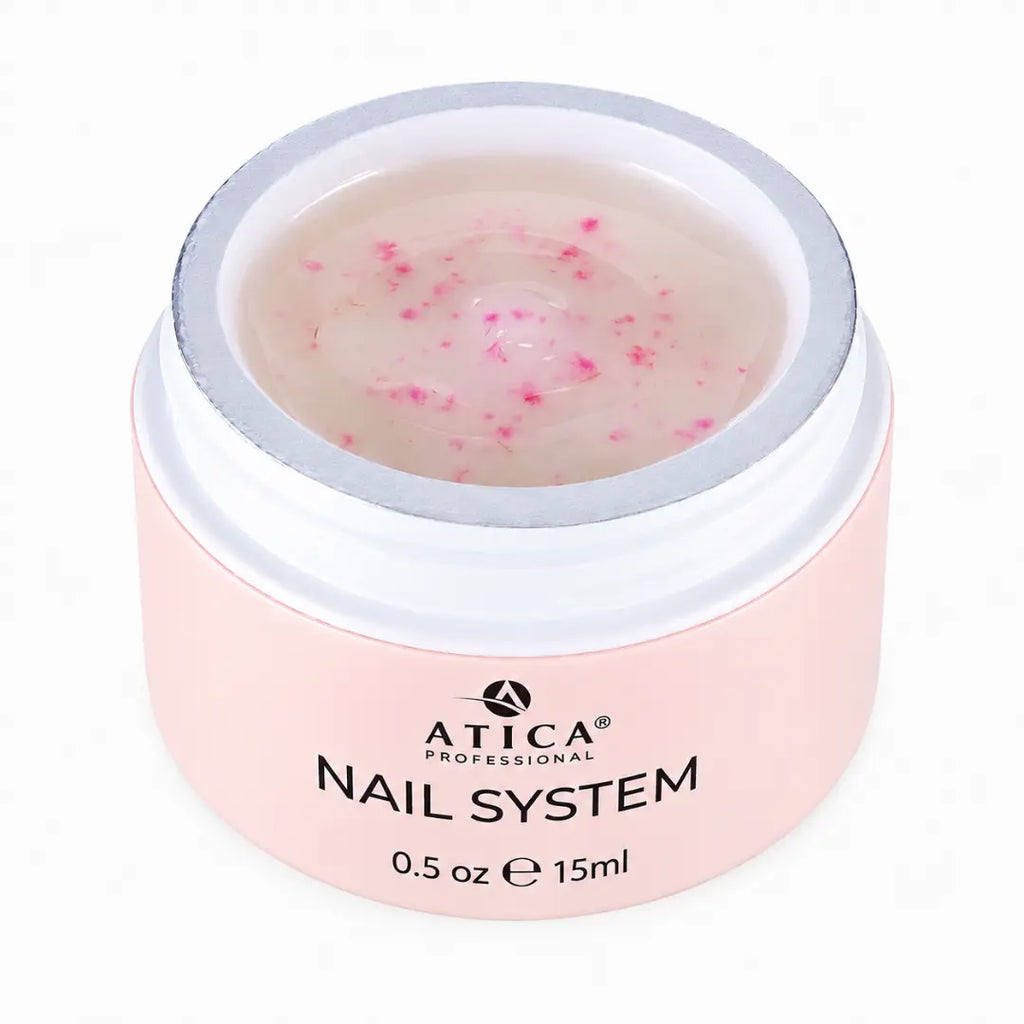 Pink jar of Atica Professional Nail System with a white lid on a white background
