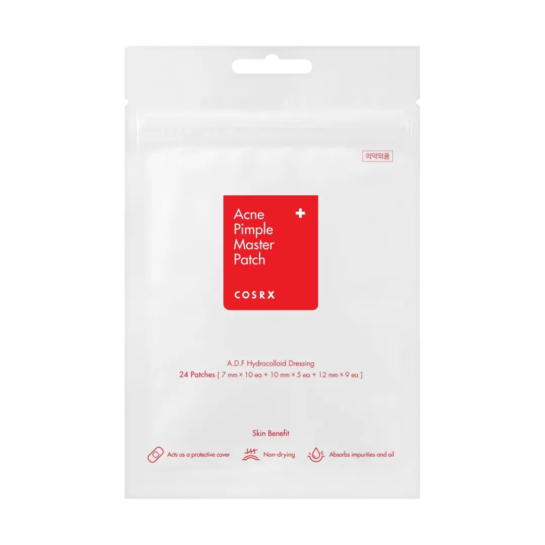 COSRX Acne Pimple Master Patch in a white resealable pouch with a prominent red label on the front.