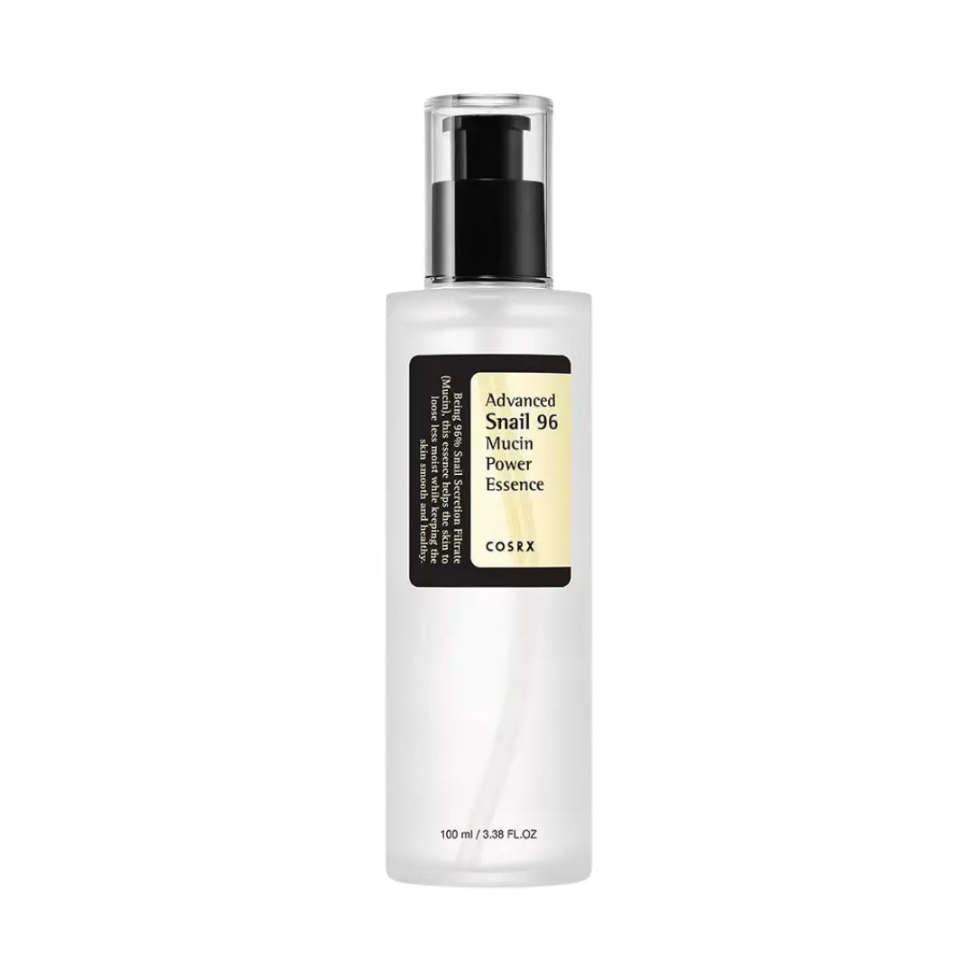 COSRX Advanced Snail 96 Much Power Essence in a 100ml (3.38 fl oz) white bottle with a black pump and a black and yellow label, on a solid white background.
