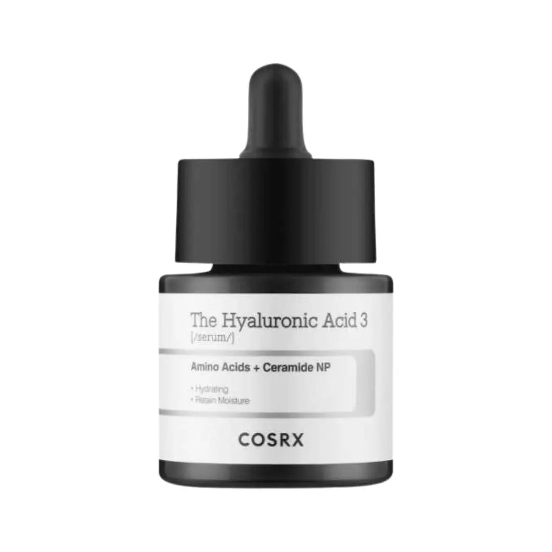 COSRX The Hyaluronic Acid 3 serum in a small black dropper bottle with a white label, centered on a plain white background.