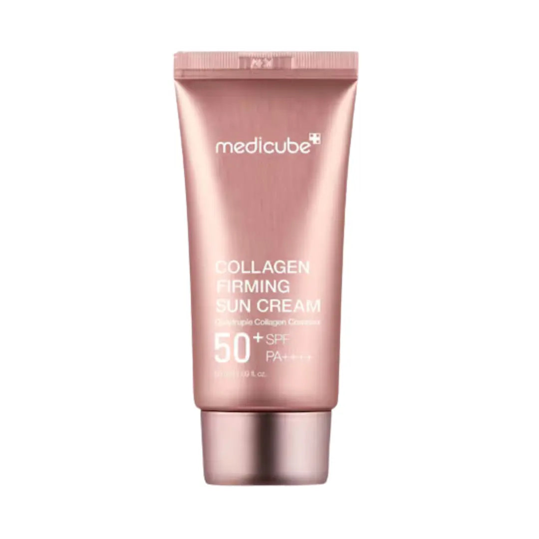 Medicube Collagen Firming Sun Cream SPF 50+ PA++++ 50ml tube showing anti-aging sunscreen