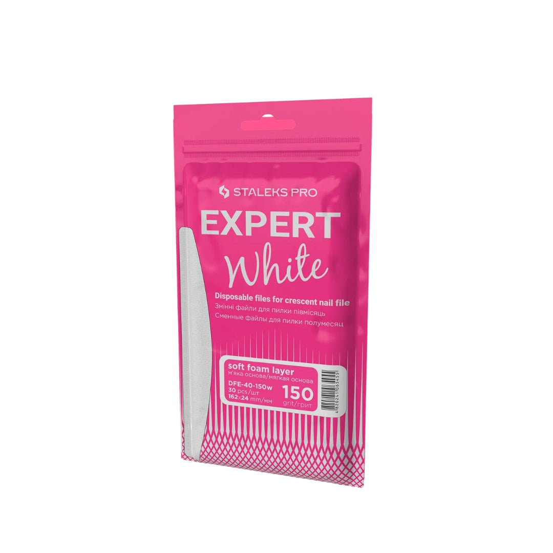Disposable White Files For Crescent Nail File EXPERT 40, 150 grit, 30 pcs, soft foam layer for reduced pressure on nails, reliable adhesive base, ideal for final processing of artificial nails.

