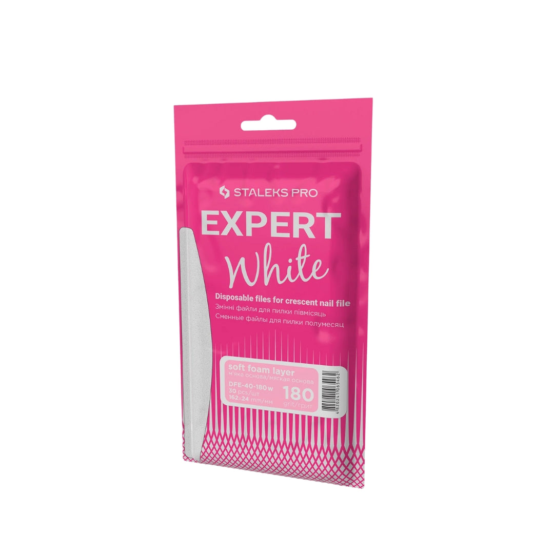 Disposable White Files For Crescent Nail File EXPERT 40, 180 grit, 30 pcs, soft foam layer for reduced pressure on nails, reliable adhesive base, ideal for correcting and shaping natural and artificial nails.