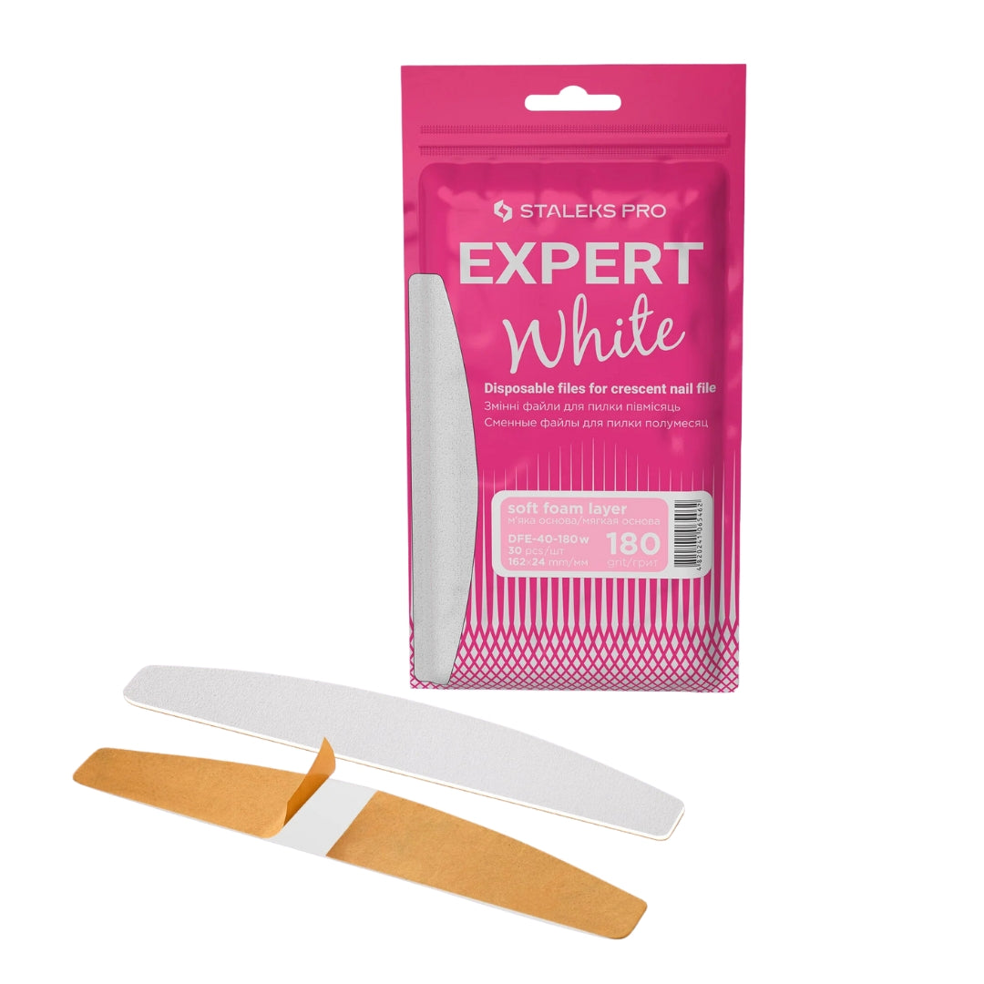 Disposable White Files For Crescent Nail File EXPERT 40, 180 grit, 30 pcs, soft foam layer for reduced pressure on nails, reliable adhesive base, ideal for correcting and shaping natural and artificial nails.
