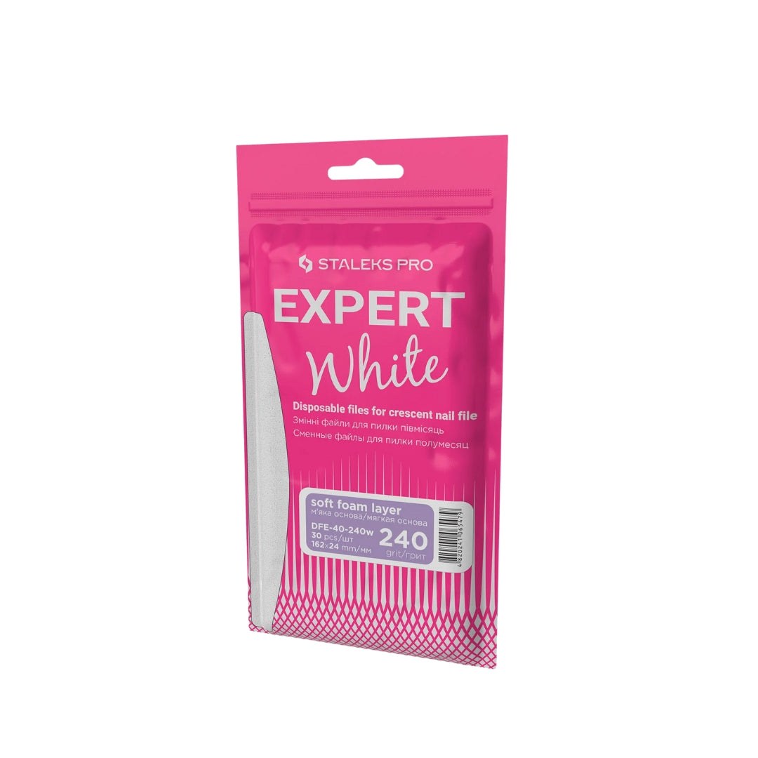 Disposable White Files For Crescent Nail File EXPERT 40, 240 grit, 30 pcs, soft foam layer for reduced pressure on nails, ideal for polishing and preparing nails for coating.