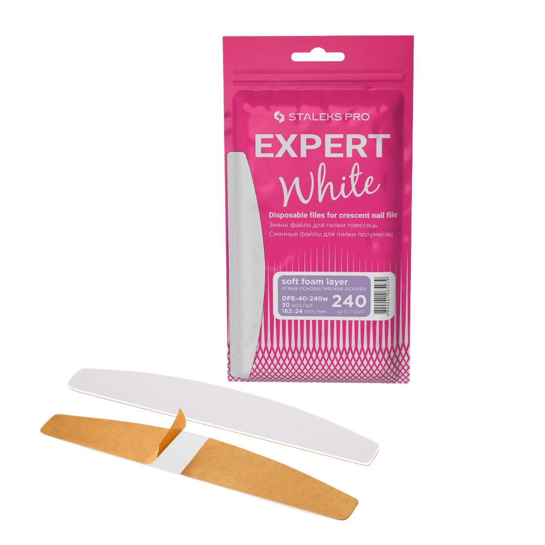 Disposable White Files For Crescent Nail File EXPERT 40, 240 grit, 30 pcs, soft foam layer for reduced pressure on nails, ideal for polishing and preparing nails for coating.