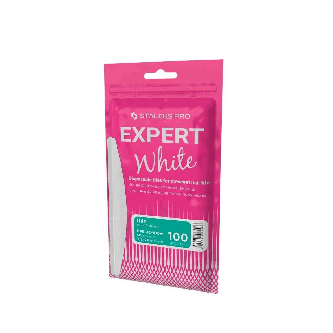 Disposable White Files For Crescent Nail File EXPERT 42, 100 grit, 50 pcs, ideal for shaping and extending artificial nails with a reliable adhesive base.

