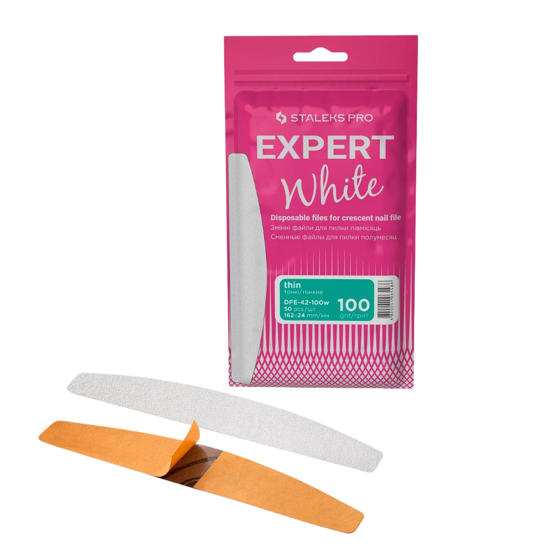 Disposable White Files For Crescent Nail File EXPERT 42, 100 grit, 50 pcs, ideal for shaping and extending artificial nails with a reliable adhesive base.


