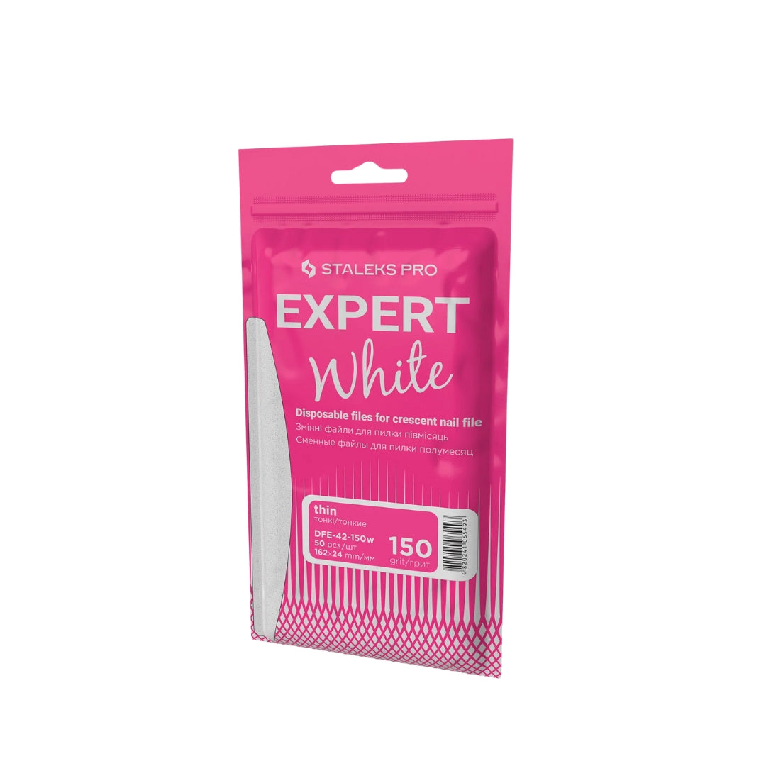 Disposable White Files For Crescent Nail File EXPERT 42, 150 grit, 50 pcs, designed for final shaping and smoothing of artificial nails with a reliable adhesive base.

