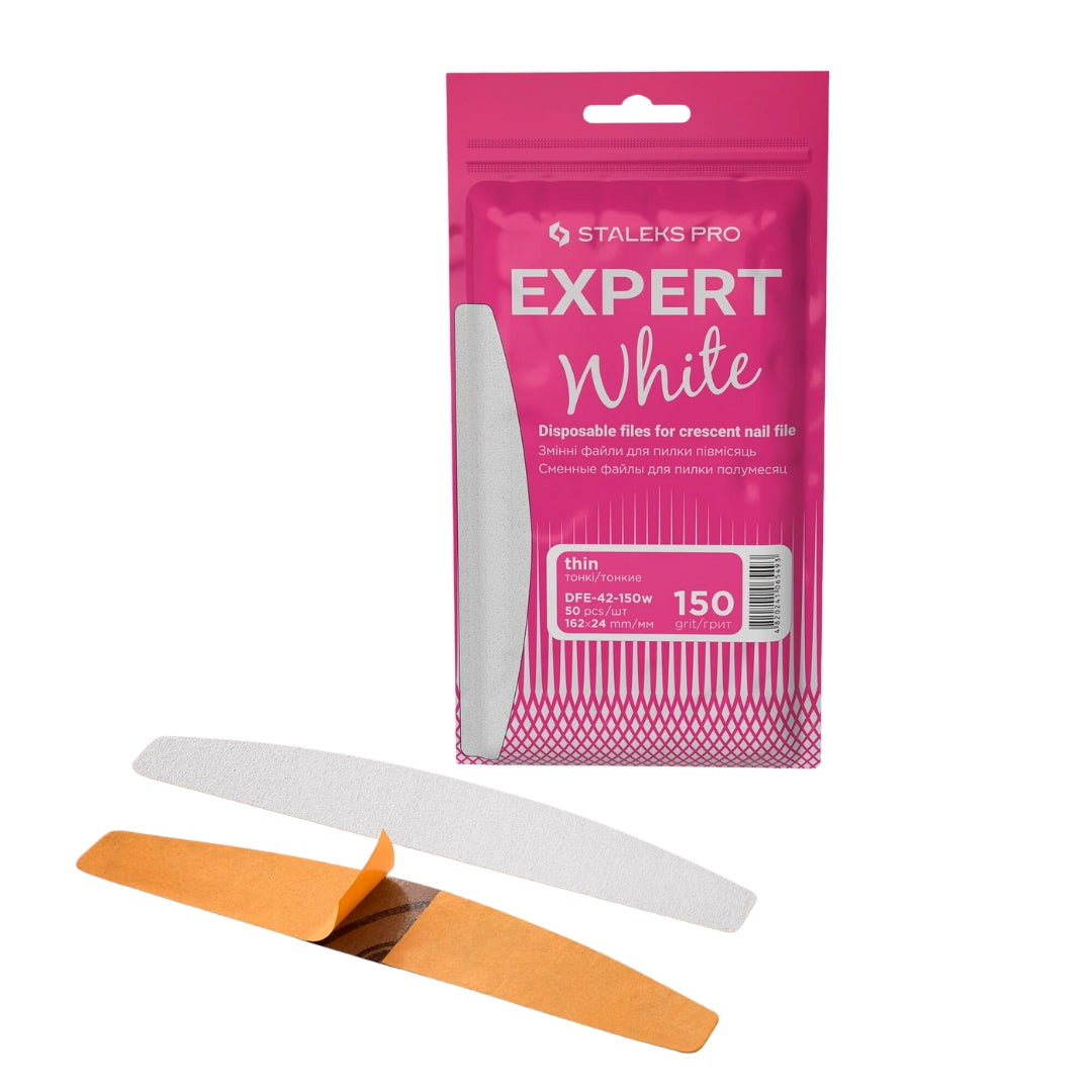 Disposable White Files For Crescent Nail File EXPERT 42, 150 grit, 50 pcs, designed for final shaping and smoothing of artificial nails with a reliable adhesive base.

