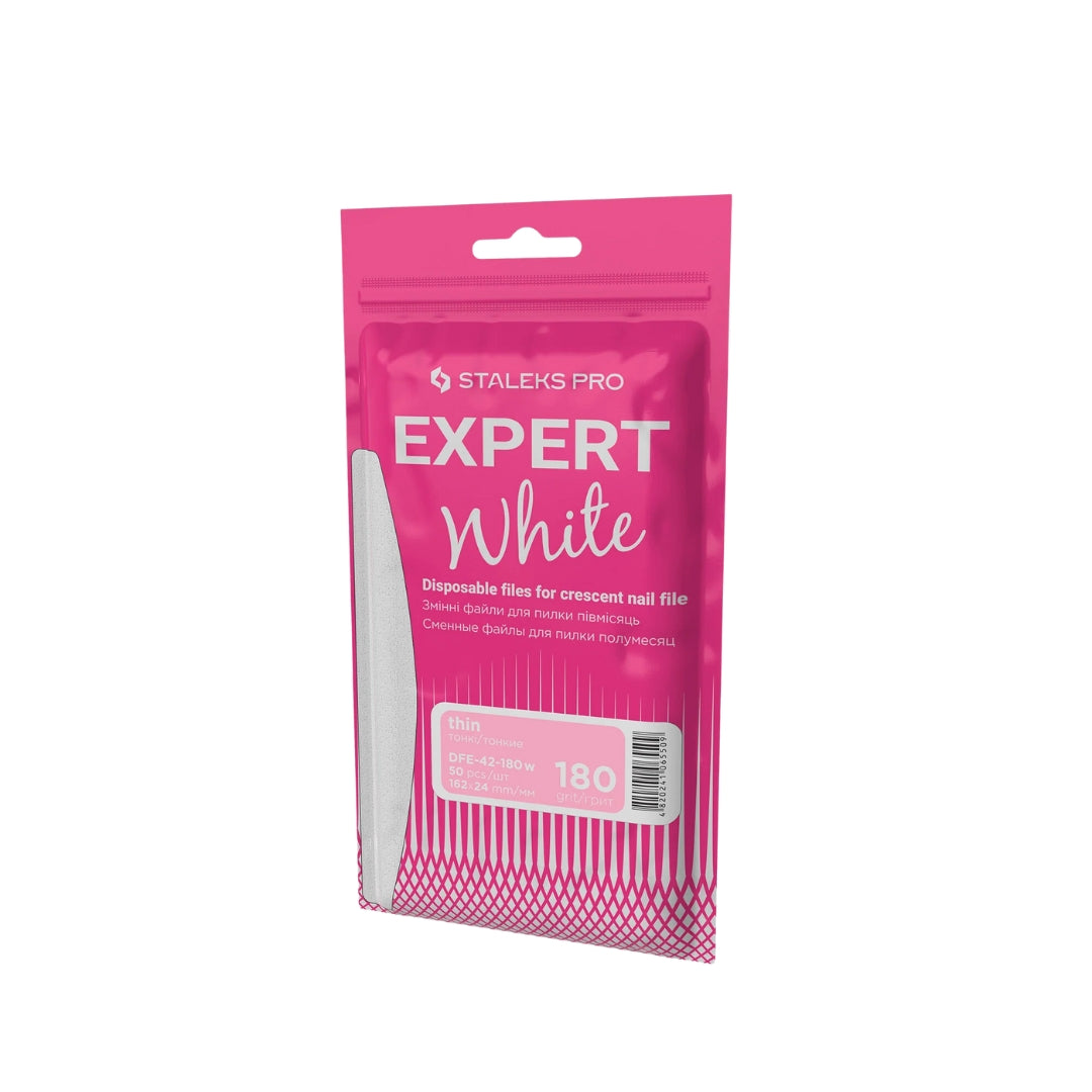 Disposable White Files For Crescent Nail File EXPERT 42, 180 grit, 50 pcs, designed for correction and shaping of natural and artificial nails with a reliable adhesive base.

