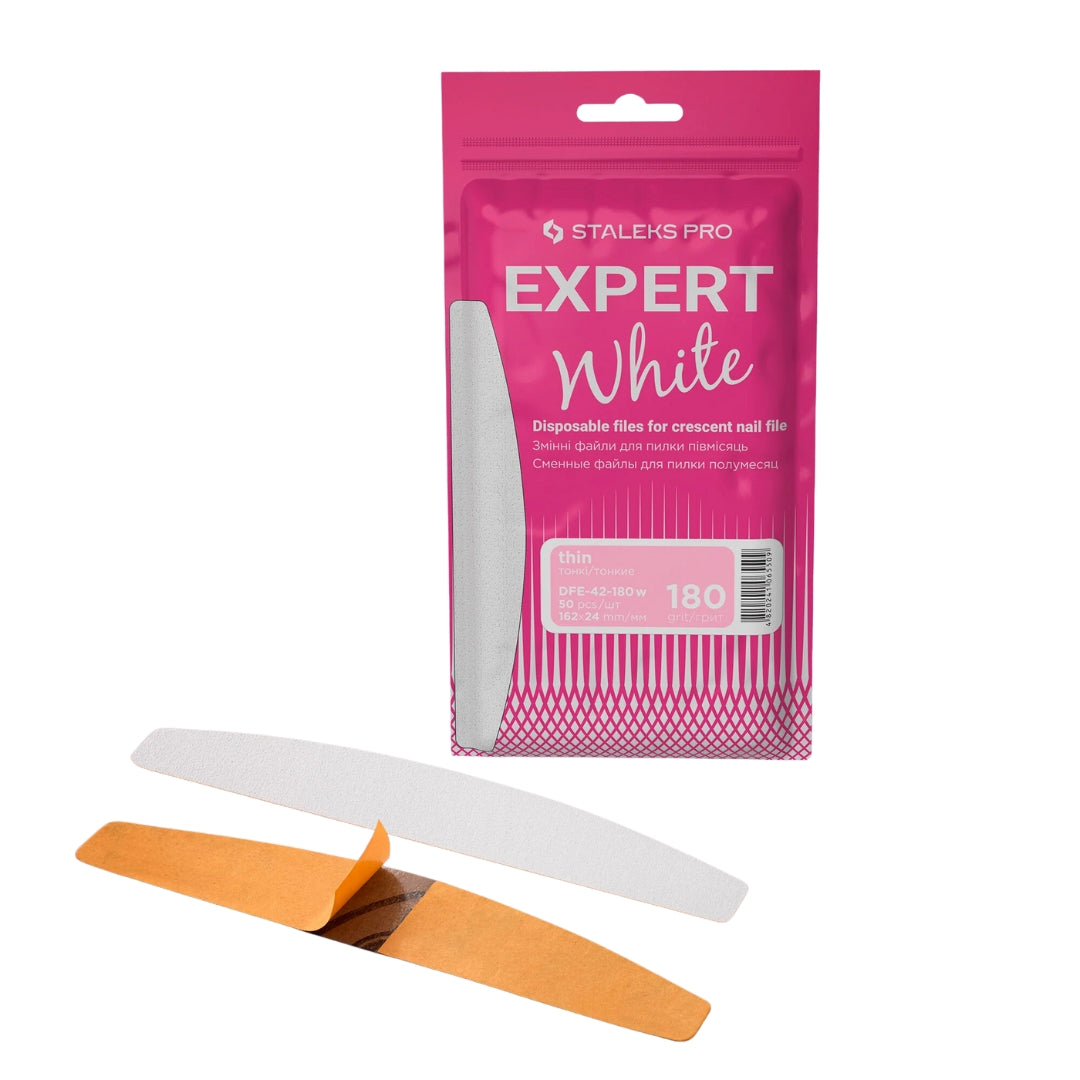 Disposable White Files For Crescent Nail File EXPERT 42, 180 grit, 50 pcs, designed for correction and shaping of natural and artificial nails with a reliable adhesive base.

