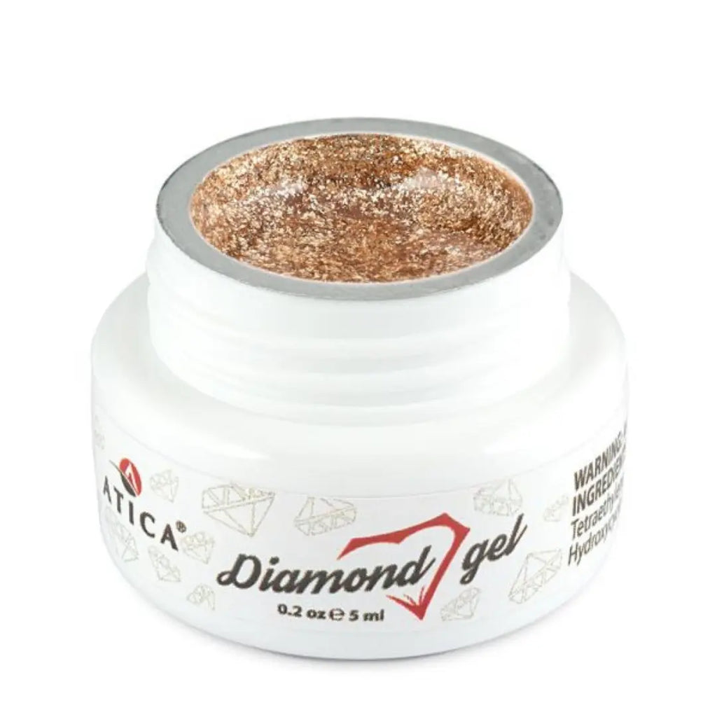 Atica Diamond Gel 24 Carats 5ml – open jar with rich golden shimmer gel.

