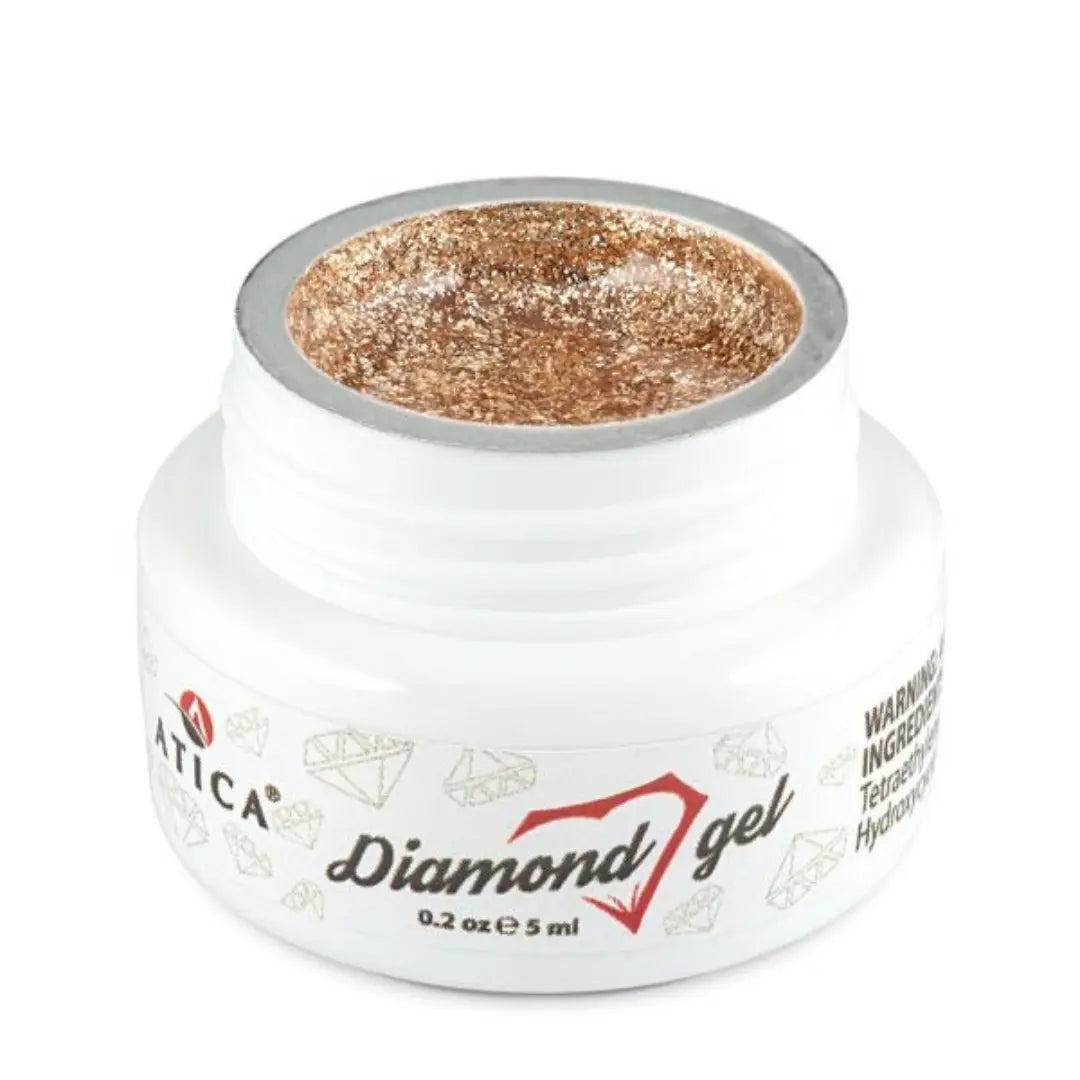 Atica Diamond Gel 24 Carats 5ml – open jar with rich golden shimmer gel.

