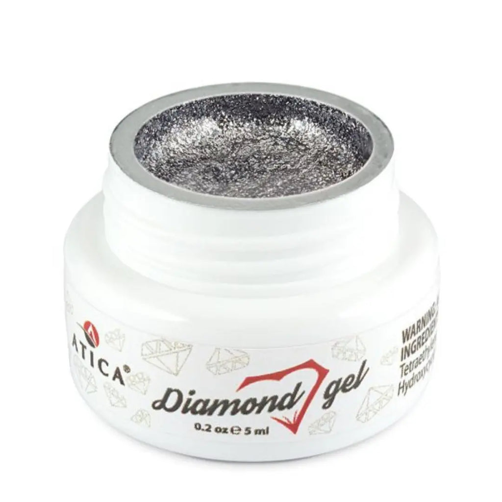 Atica Diamond Gel Anthracite 5ml – open jar showing deep anthracite glitter gel.
