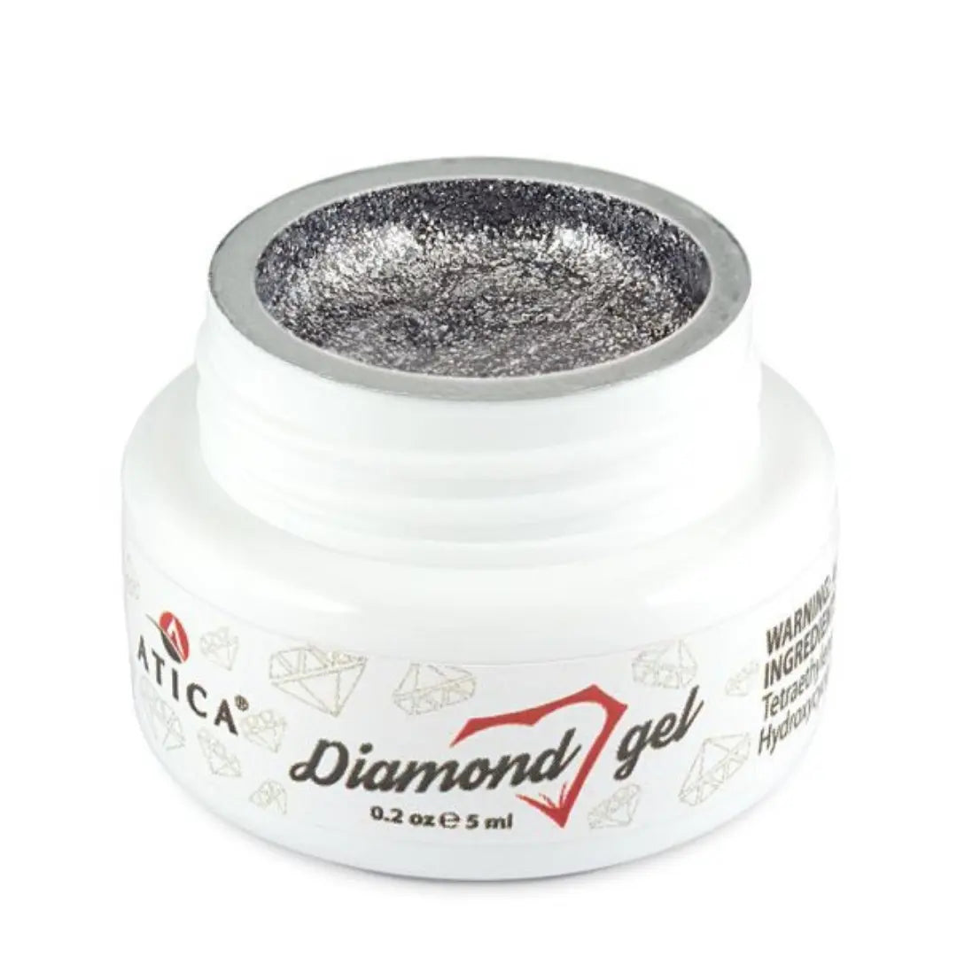 Atica Diamond Gel Anthracite 5ml – open jar showing deep anthracite glitter gel.