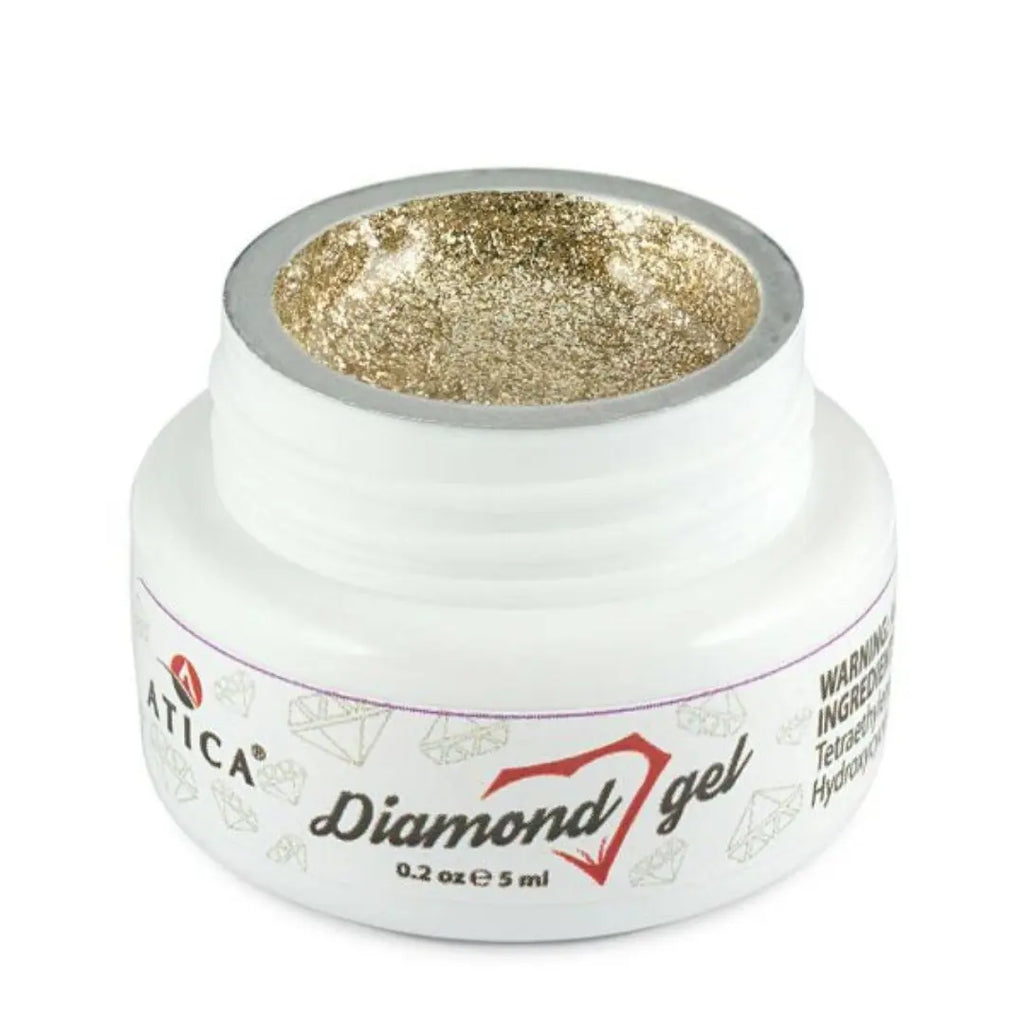 Atica Diamond Gel Gold 5ml – open jar with intense golden shimmer gel.

