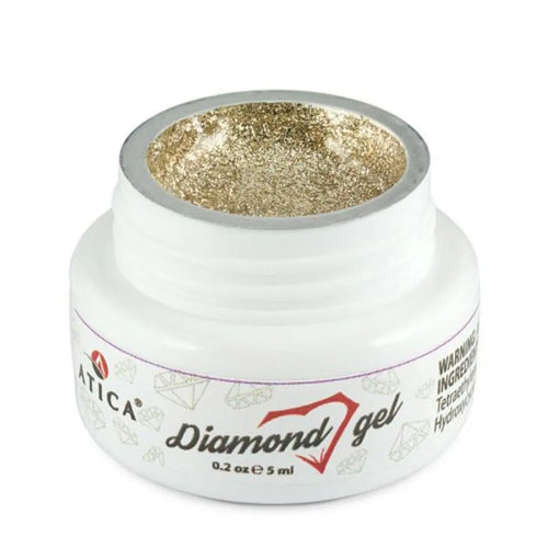Atica Diamond Gel Gold 5ml – open jar with intense golden shimmer gel.

