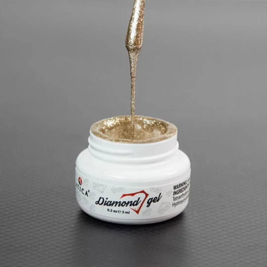 Atica Diamond Gel Gold 5ml – open jar with intense golden shimmer gel.

