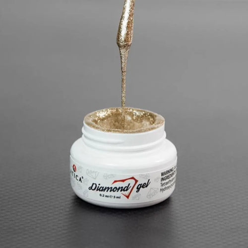 Atica Diamond Gel Gold 5ml – open jar with intense golden shimmer gel.


