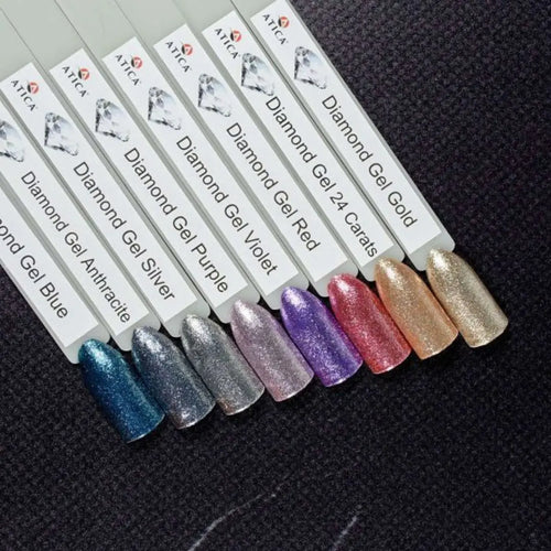 Atica Diamond Gel 24 Carats 5ml – open jar with rich golden shimmer gel.

