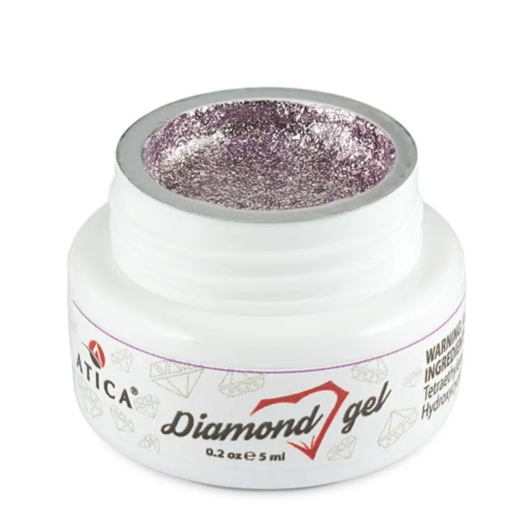 Atica Diamond Gel Purple 5ml – open jar with shimmering purple nail art gel.