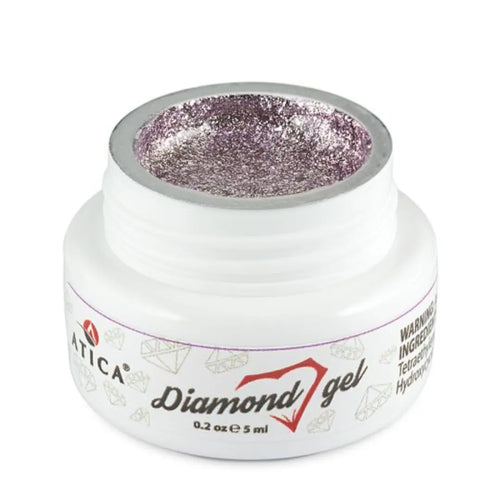 Atica Diamond Gel Purple 5ml – open jar with shimmering purple nail art gel.