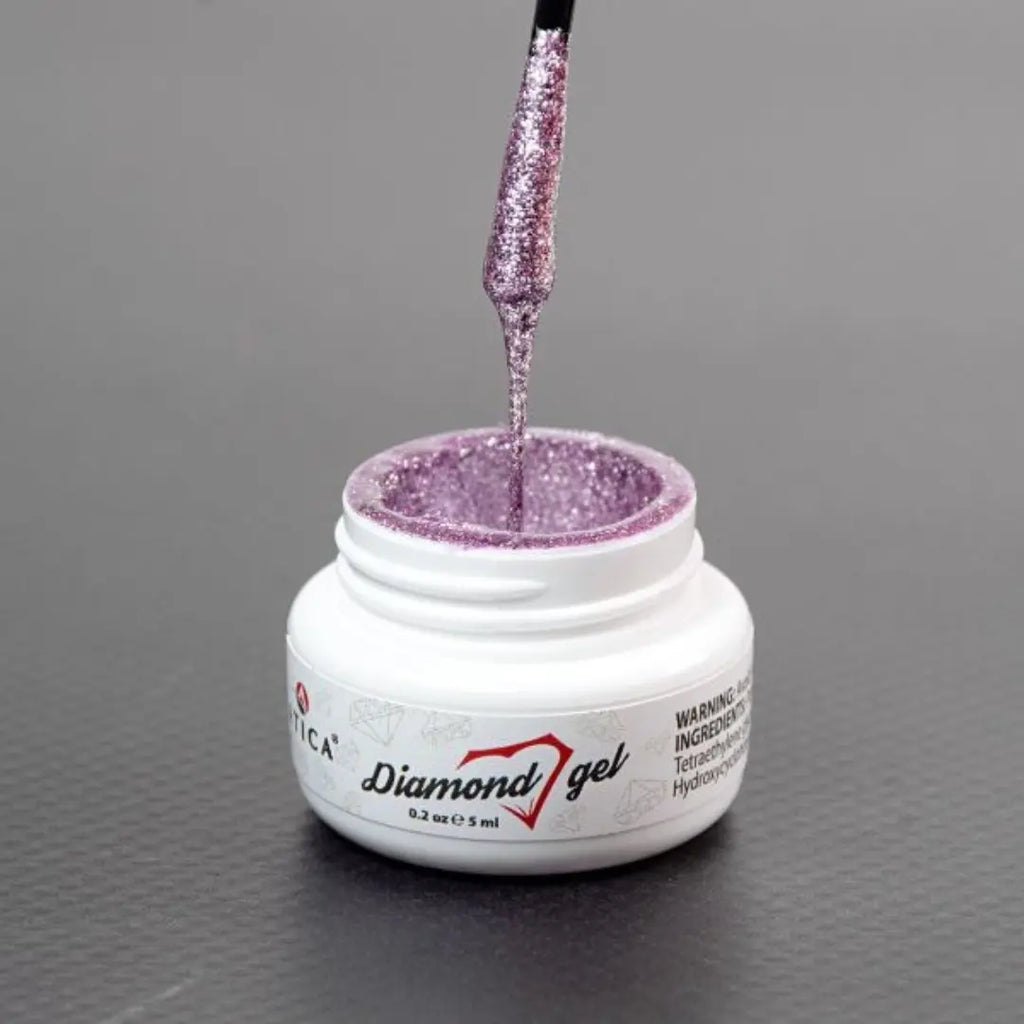 Atica Diamond Gel Purple 5ml – open jar with shimmering purple nail art gel.