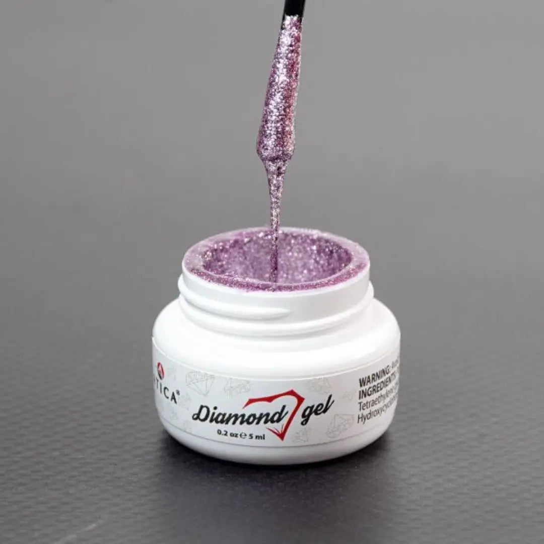 Atica Diamond Gel Purple 5ml – open jar with shimmering purple nail art gel.