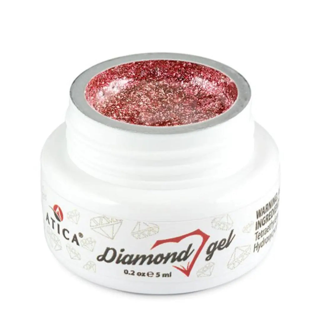 Atica Diamond Gel Red 5ml – open jar showing rich red glitter gel.
