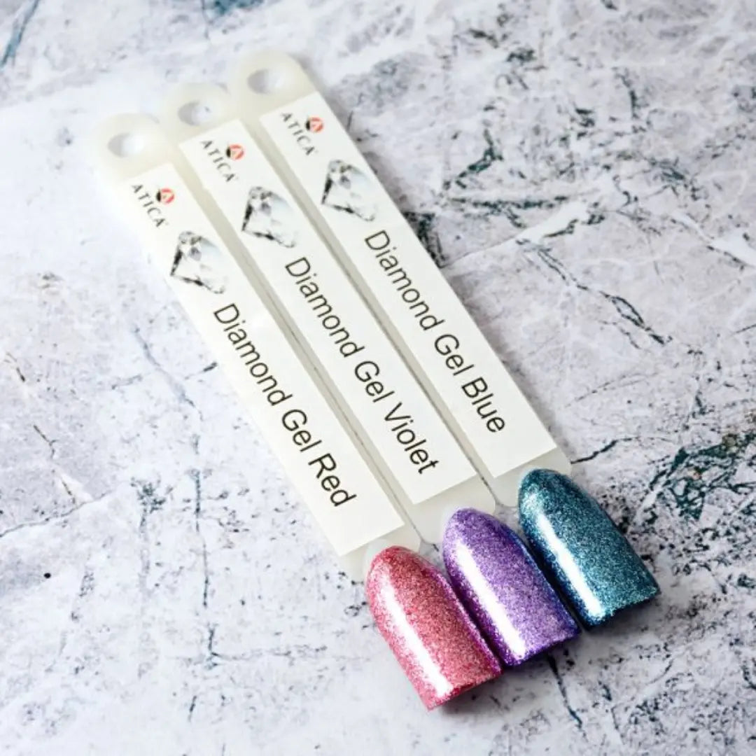 Atica Diamond Gel Red 5ml – open jar showing rich red glitter gel.