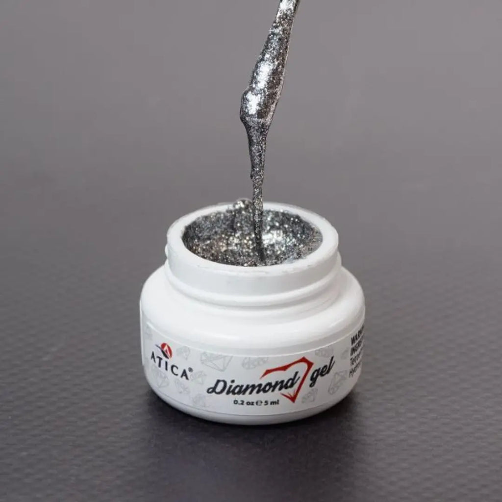 Atica Diamond Gel Silver 5ml – open jar showing rich silver glitter gel.


