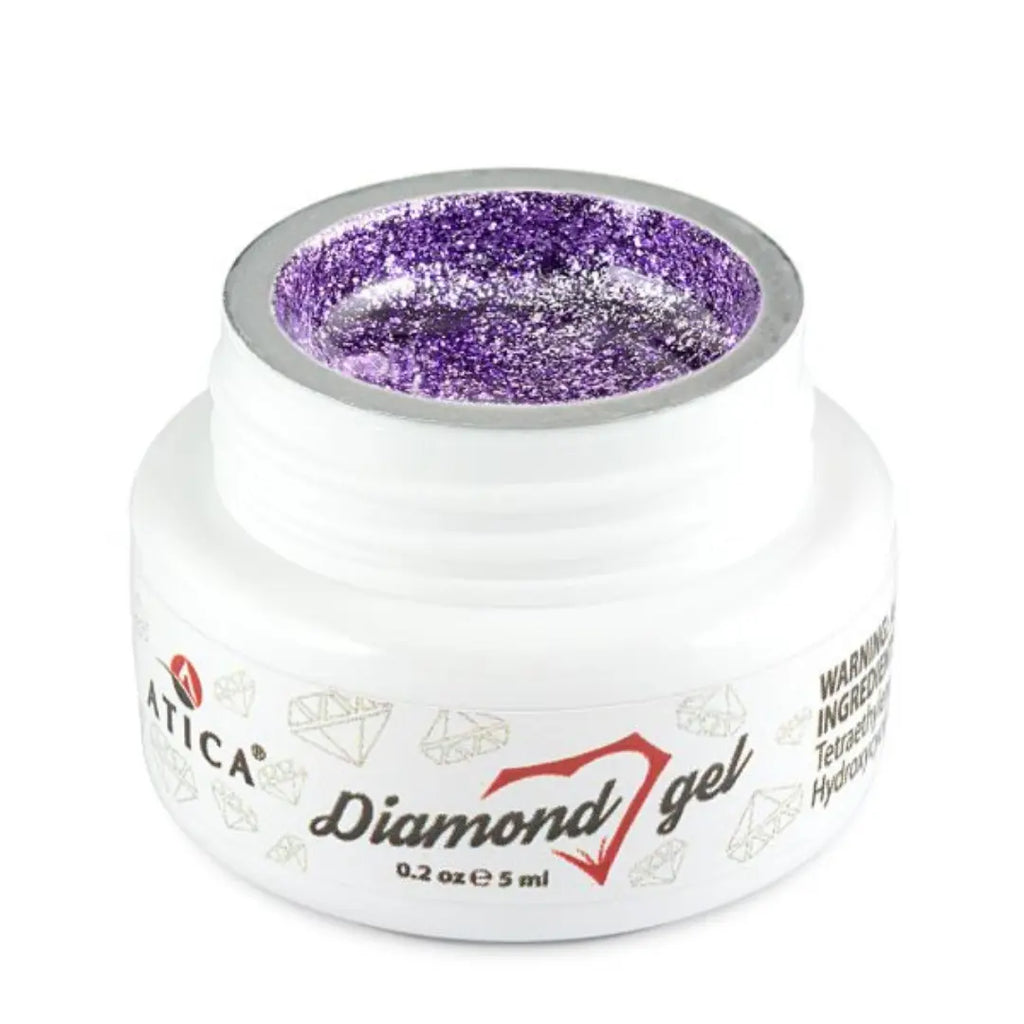 Atica Diamond Gel Violet 5ml – jar of violet shimmering nail gel.

