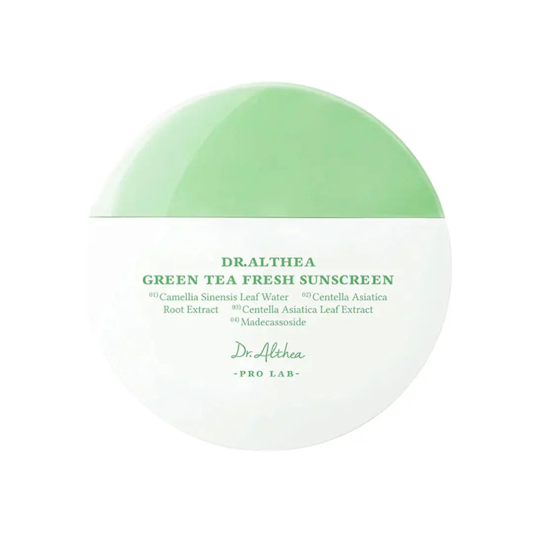 Dr. Althea Green Tea Fresh Sunscreen SPF50+ PA++++ 45ml tube, lightweight soothing sunscreen for sensitive skin