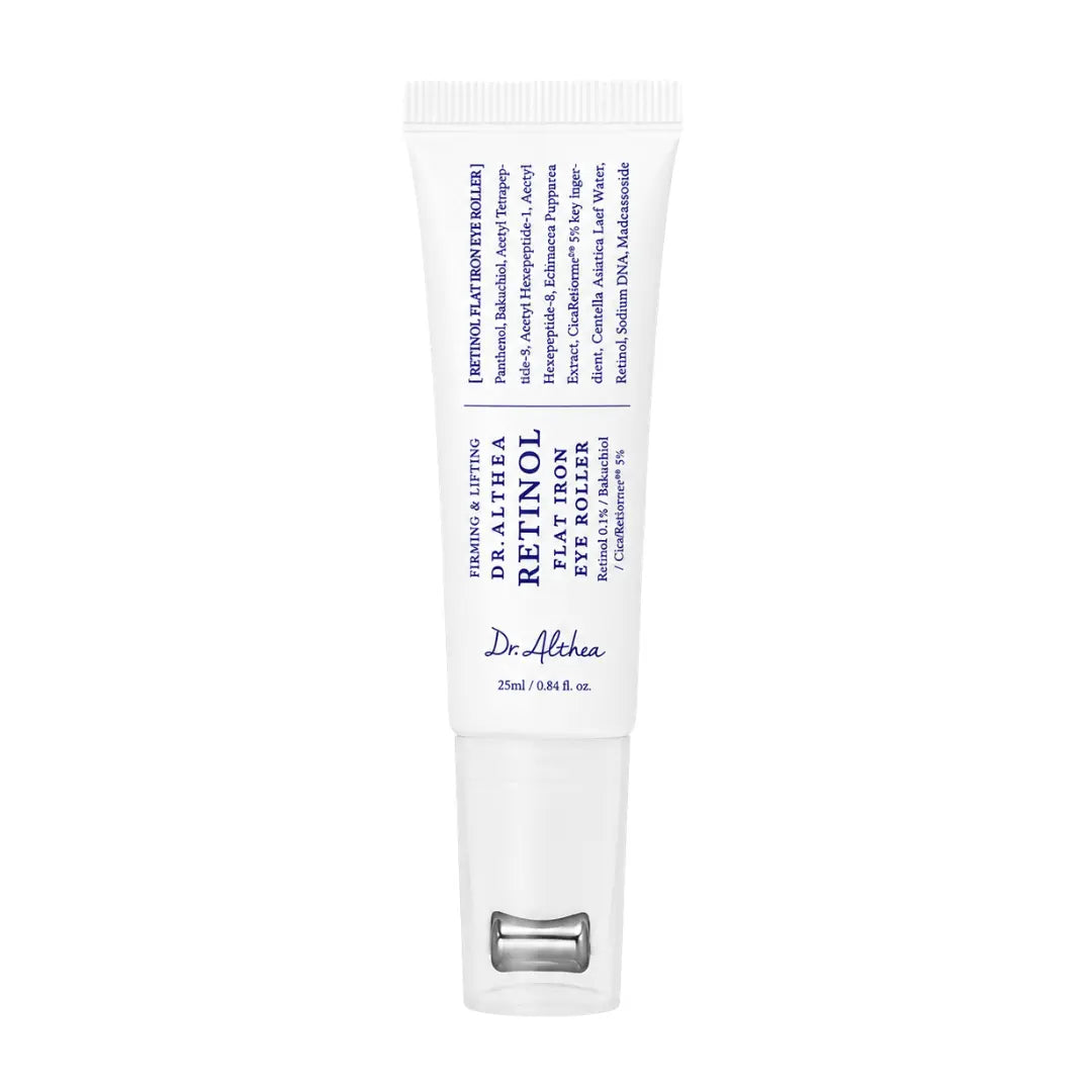 Dr. Althea Retinol Flat Iron Eye Roller 25ml with built-in gua sha applicator, firming eye serum for fine lines