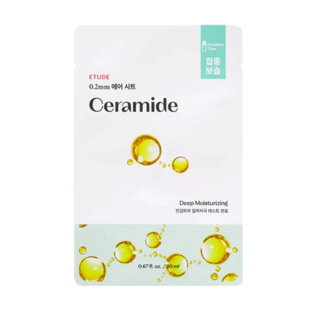ETUDE Ceramide 0.2mm Hyalu-Cert Deep Moisturizing sheet mask packaging, featuring a white and mint green design with golden oil droplet graphics.