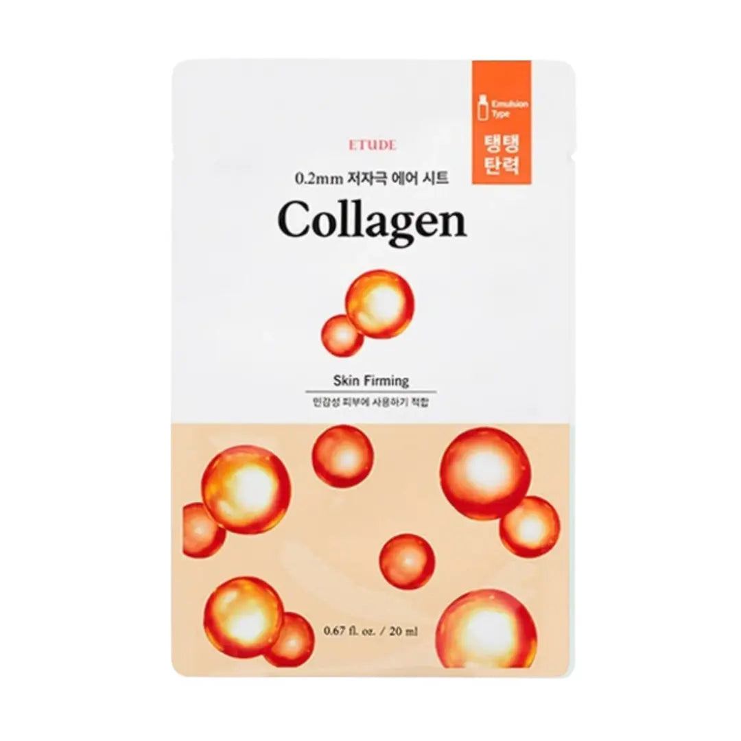 ETUDE Collagen Skin Firming sheet mask in a white and peach-colored pouch with orange and red collagen molecule illustrations.