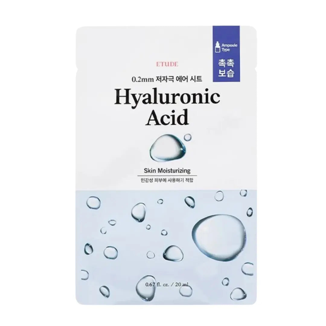 ETUDE Hyaluronic Acid 0.2mm skincare sheet mask in a white and light blue pouch with water droplet graphics and a blue brand label.