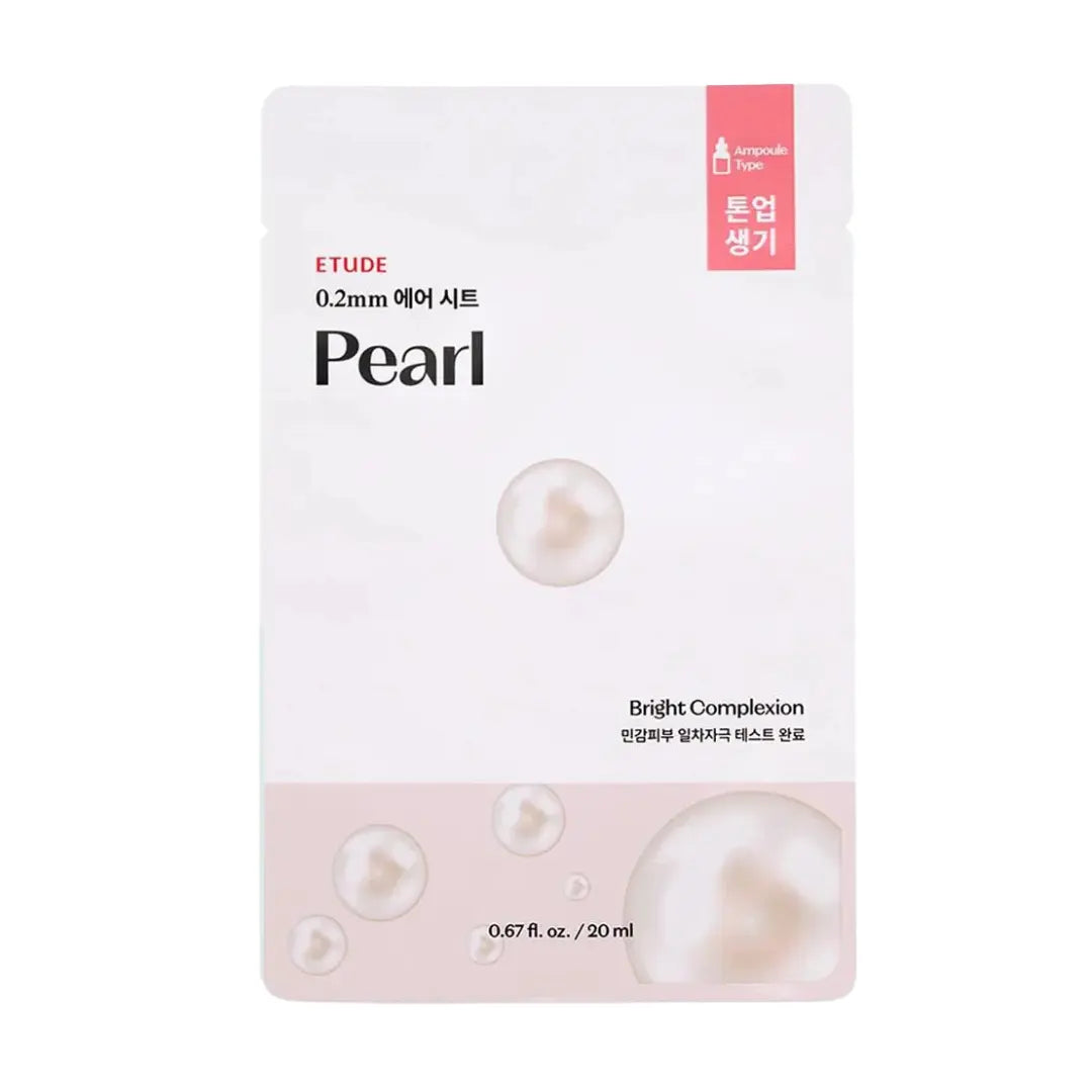 ETUDE Pearl Bright Complexion 0.2mm eye cream sheet mask in a white and pale pink pouch with Korean text and pearl illustrations.