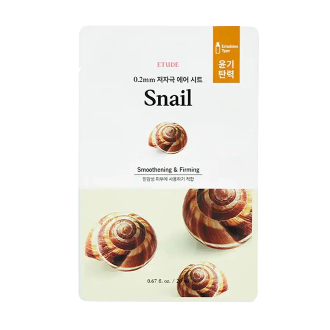 ETUDE Snail Smoothing & Firming sheet mask pouch with a white and pale green design, featuring illustrations of snail shells and a small orange ETUDE logo badge.